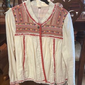 Free People Cream and Red Ruffled Blouse with Mandarin Collar